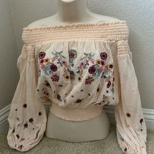 PinkBlush Pale Peach Embroidered off shoulder Crop Top